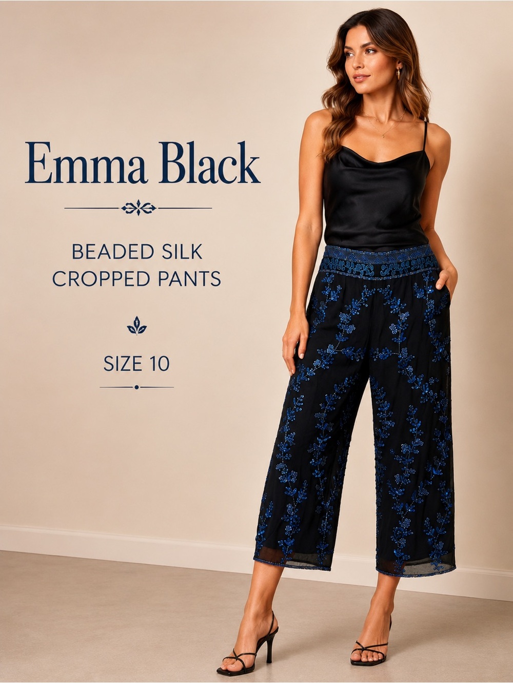 Emma Black 100% Silk Beaded Sequin Embellished Evening Pants Size 10 Y2K